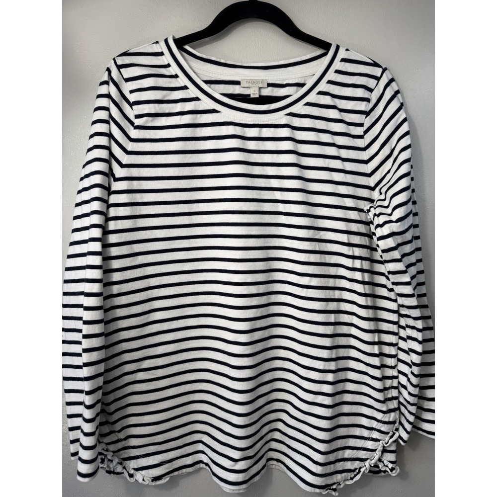 Talbots Navy‎ & White Striped Pullover W Cute Ruffled Bottom Hem Size L